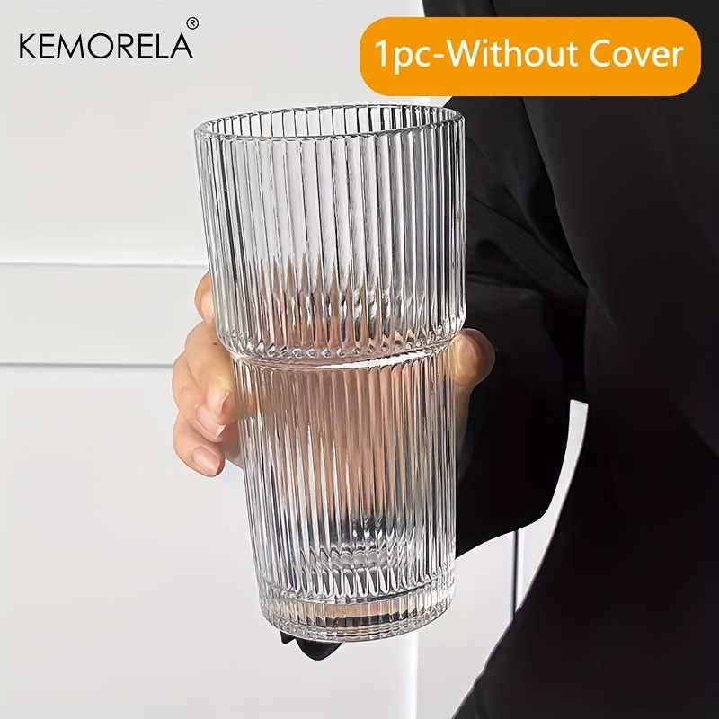 KEMORELA Large Capacity Vertical Striped Glass Cups with Lids  Reusable Dishwasher-Safe Tumblers for Cold Drinks, Coffee & Juice