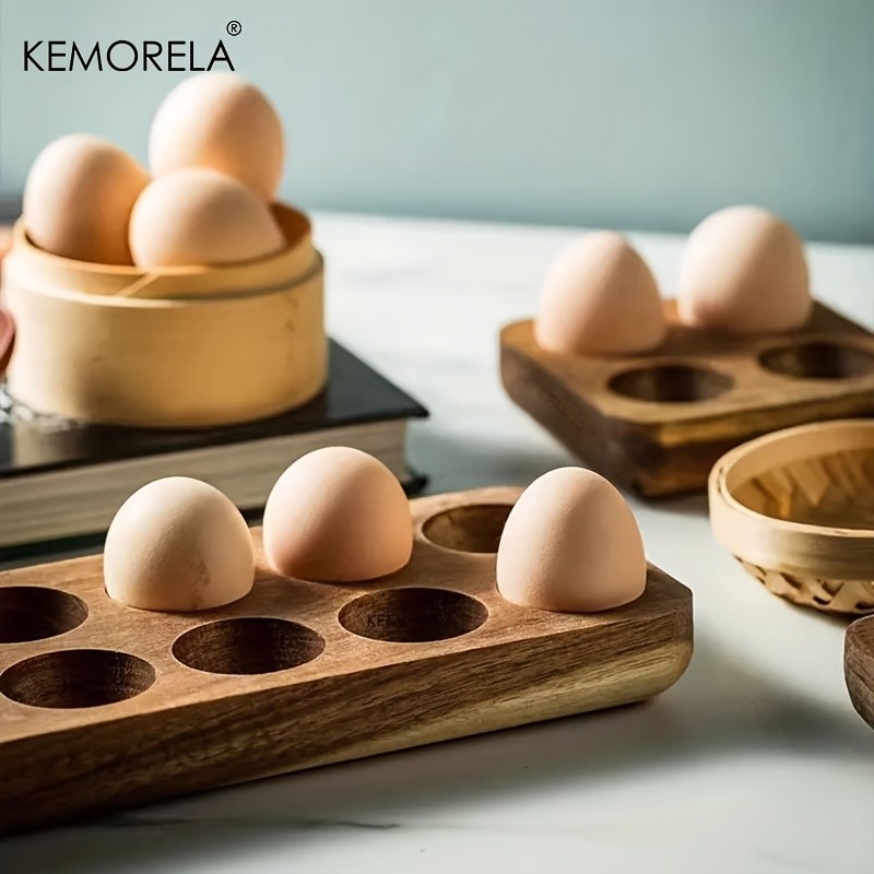 KEMORELA Wooden Egg Storage Box  Multi-Compartment Egg Holder Tray for Home Kitchen Organisation