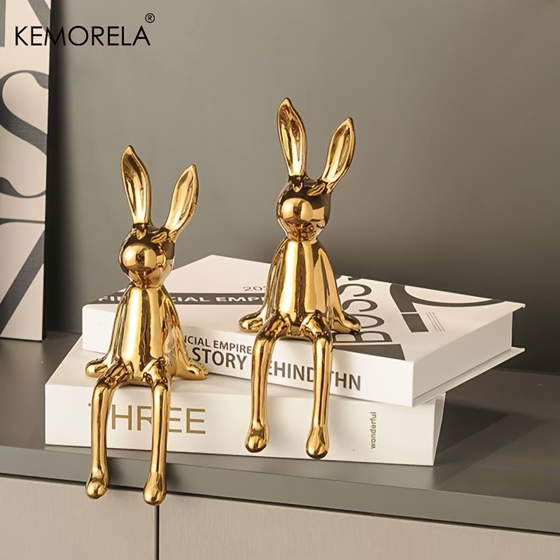 KEMORELA Long-Eared Rabbit Ceramic Ornament Simple Sitting Figurine for Living Room, TV Cabinet & Holiday Dcor