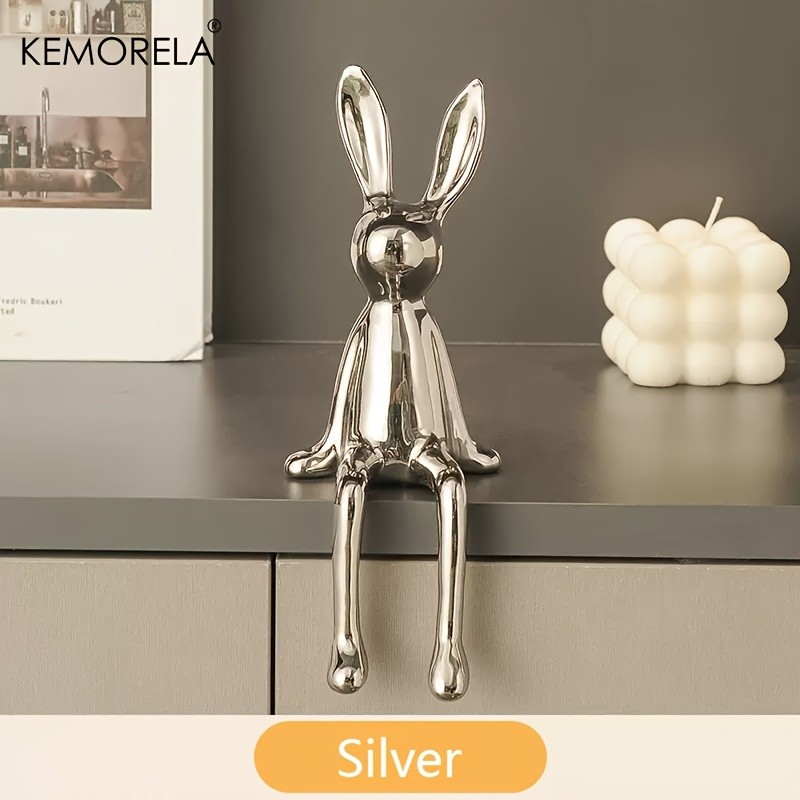 KEMORELA Long-Eared Rabbit Ceramic Ornament Simple Sitting Figurine for Living Room, TV Cabinet & Holiday Dcor