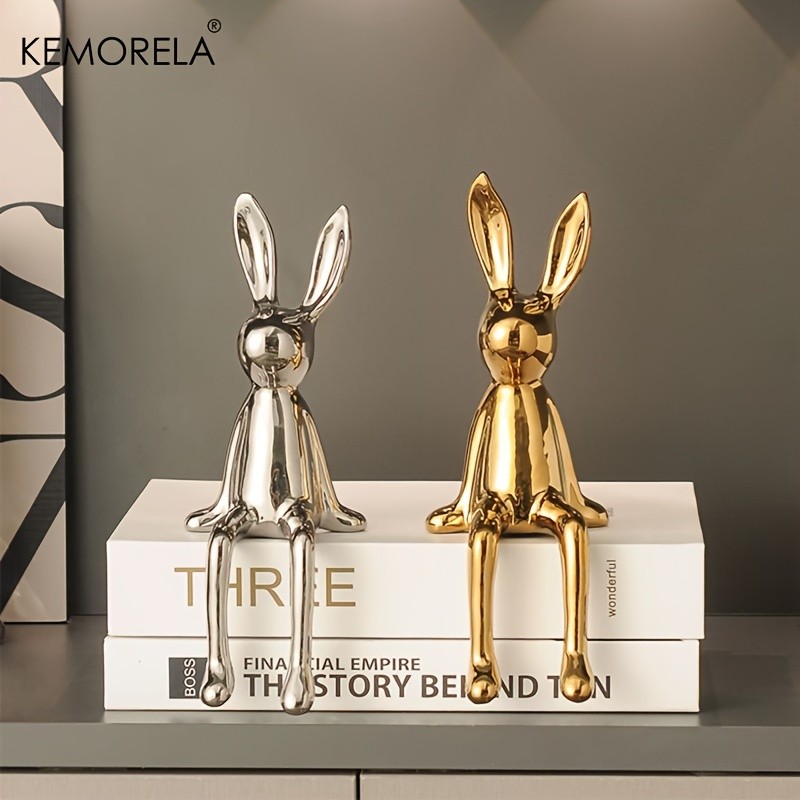 KEMORELA Long-Eared Rabbit Ceramic Ornament Simple Sitting Figurine for Living Room, TV Cabinet & Holiday Dcor