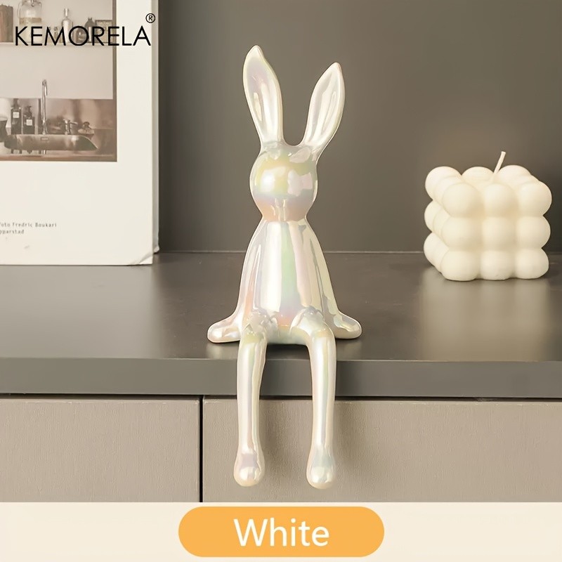 KEMORELA Long-Eared Rabbit Ceramic Ornament Simple Sitting Figurine for Living Room, TV Cabinet & Holiday Dcor