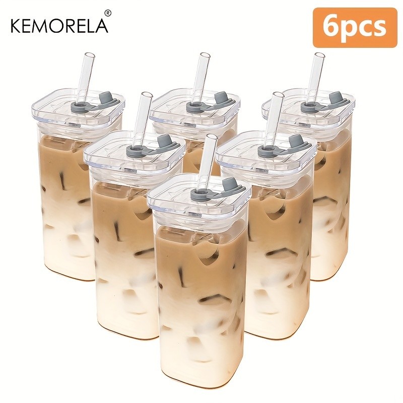 KEMORELA 380ml Portable Rectangular Glass Cup with Lid & Straw (4/6pcs)  Heat-Resistant, Durable & Travel-Friendly Drinkware