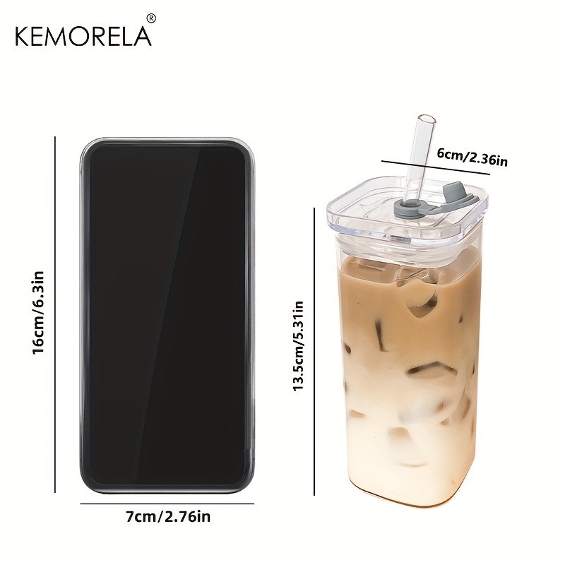 KEMORELA 380ml Portable Rectangular Glass Cup with Lid & Straw (4/6pcs)  Heat-Resistant, Durable & Travel-Friendly Drinkware