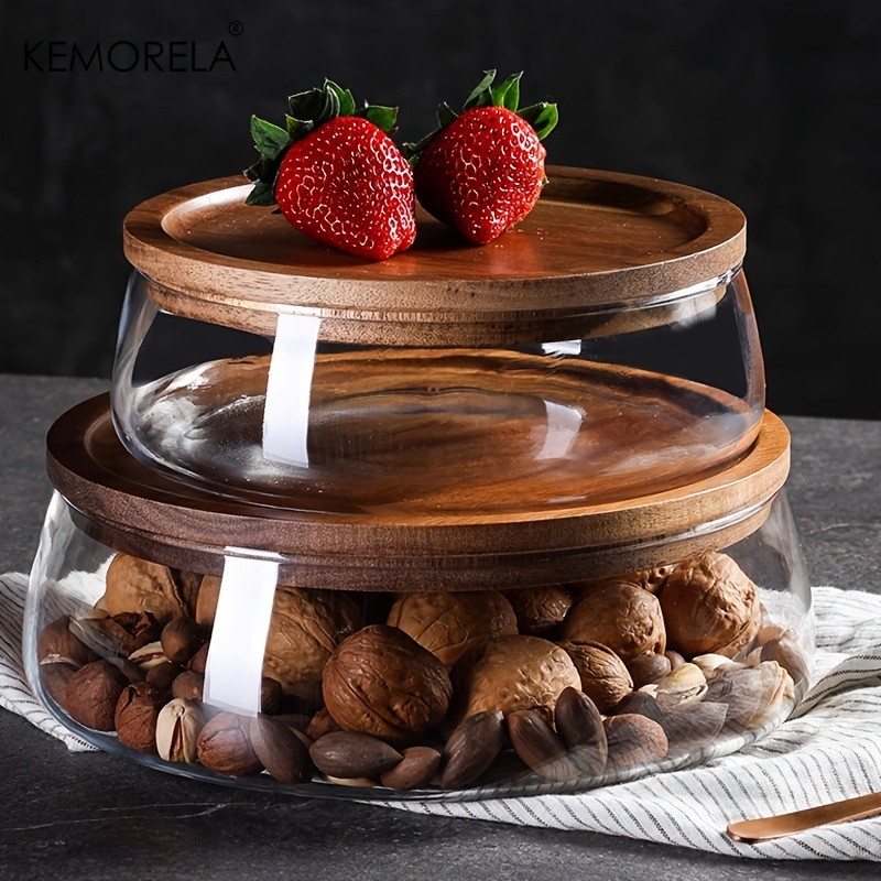 KEMORELA Double Layer Glass Bowl with Wooden Lid  Food-Safe Storage Container for Snacks, Fruits, Nuts & Holiday Dcor