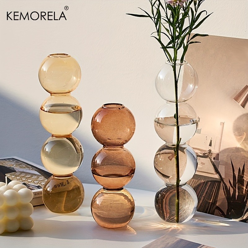 KEMORELA Set of 2 Ball-Shaped Glass Vases Amber Decorative Vases for Living Room, Tabletop & Event Decor