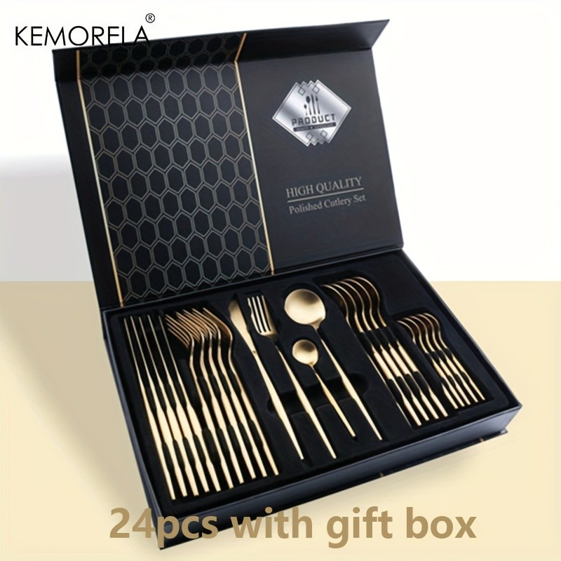 KEMORELA 24pcs Stainless Steel Utensil Collection  Premium Knife, Fork & Spoon Cutlery Set (Dishwasher-Safe)