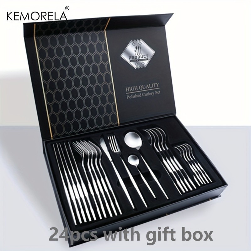 KEMORELA 24pcs Stainless Steel Utensil Collection  Premium Knife, Fork & Spoon Cutlery Set (Dishwasher-Safe)