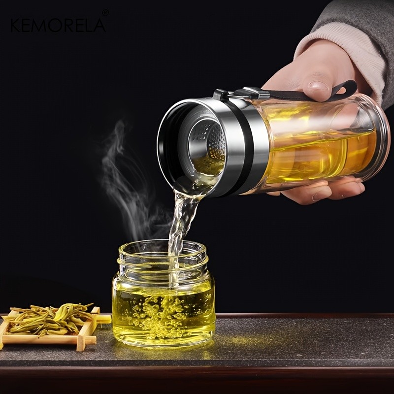 KEMORELA Double-Layer Glass Tea Brewing Bottle  Leak-Proof Travel Cup with Water & Tea Separation Design