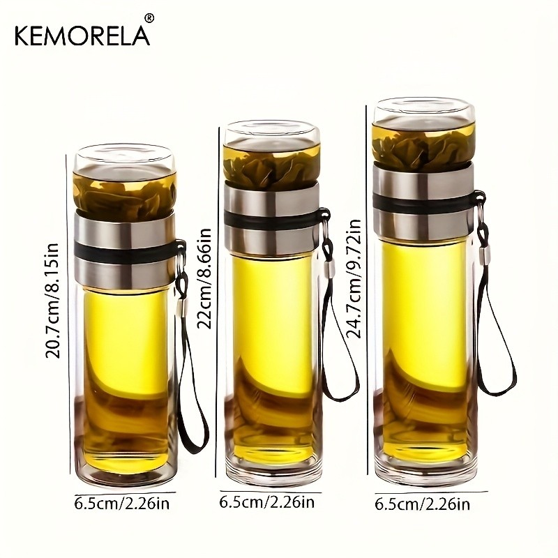 KEMORELA Double-Layer Glass Tea Brewing Bottle  Leak-Proof Travel Cup with Water & Tea Separation Design