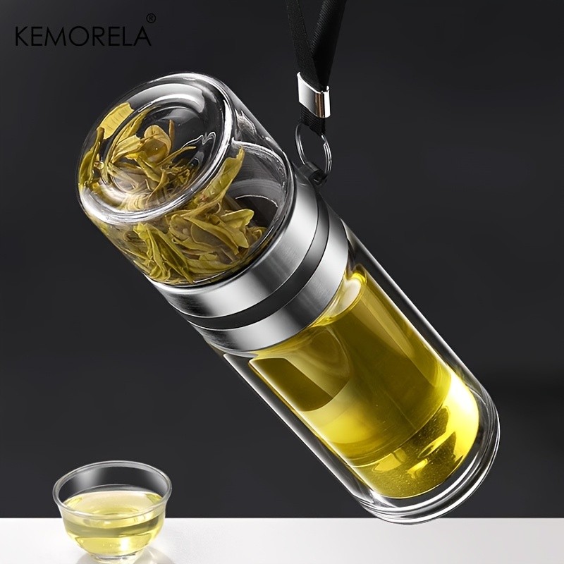 KEMORELA Double-Layer Glass Tea Brewing Bottle  Leak-Proof Travel Cup with Water & Tea Separation Design