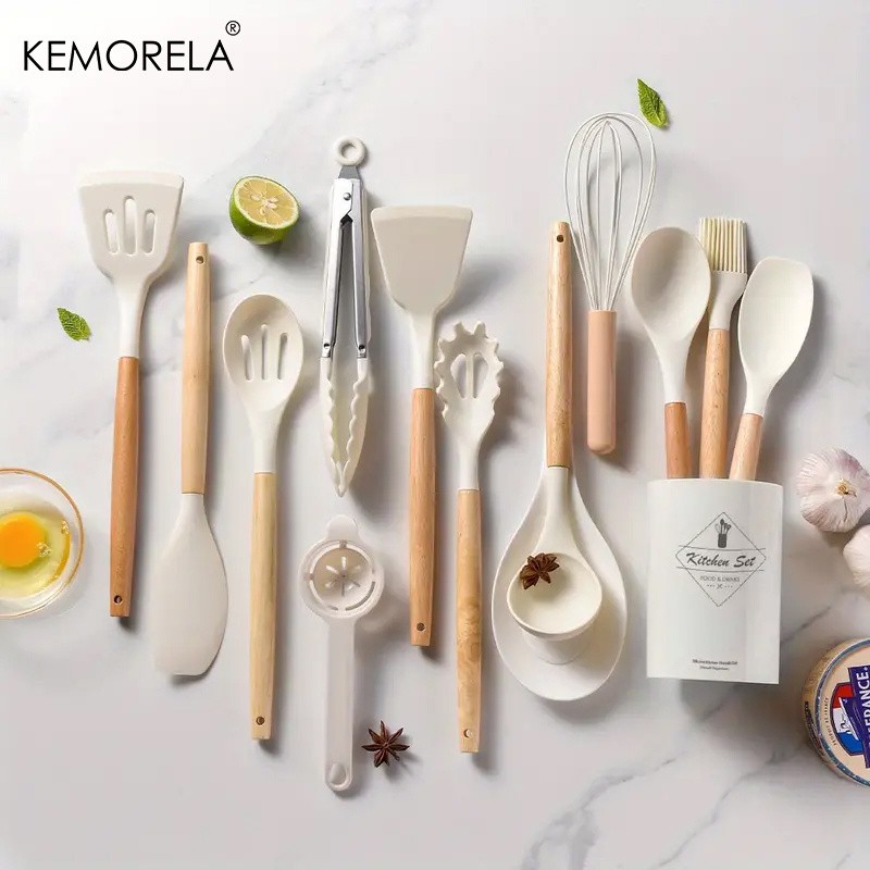 KEMORELA 14pcs Silicone Utensil Set  Food-Safe Non-Stick Cooking Tools with Wooden Handles & Colorful Storage Buckets