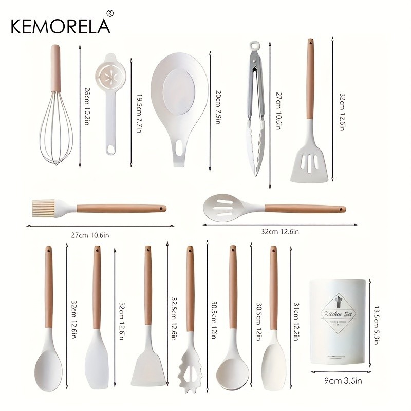 KEMORELA 14pcs Silicone Utensil Set  Food-Safe Non-Stick Cooking Tools with Wooden Handles & Colorful Storage Buckets