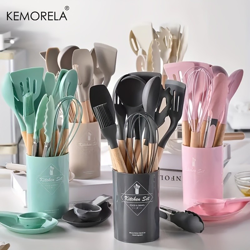 KEMORELA 14pcs Silicone Utensil Set  Food-Safe Non-Stick Cooking Tools with Wooden Handles & Colorful Storage Buckets