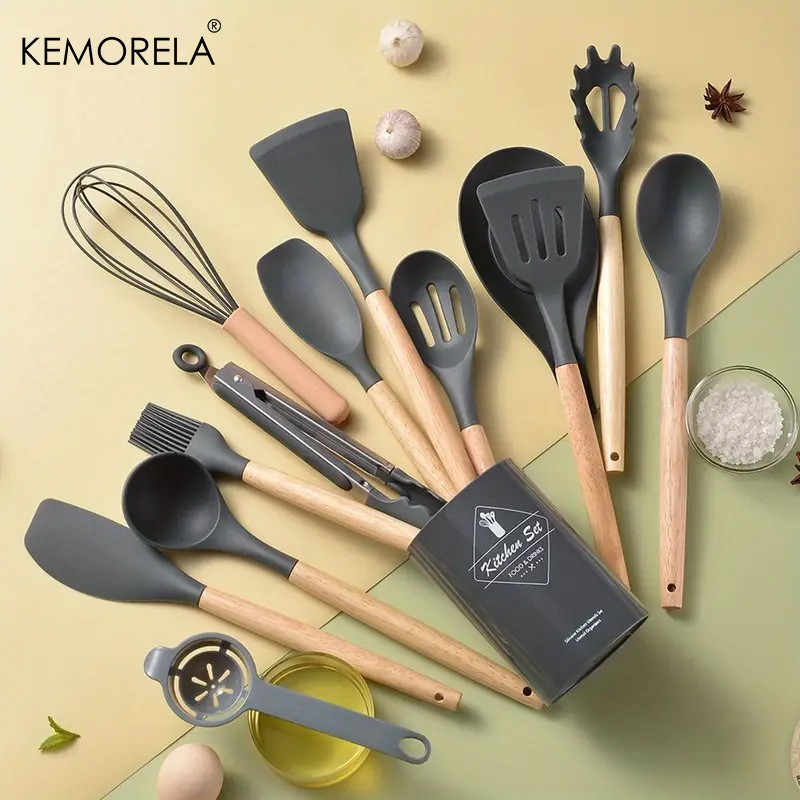 KEMORELA 14pcs Silicone Utensil Set  Food-Safe Non-Stick Cooking Tools with Wooden Handles & Colorful Storage Buckets