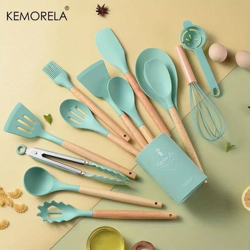 KEMORELA 14pcs Silicone Utensil Set  Food-Safe Non-Stick Cooking Tools with Wooden Handles & Colorful Storage Buckets