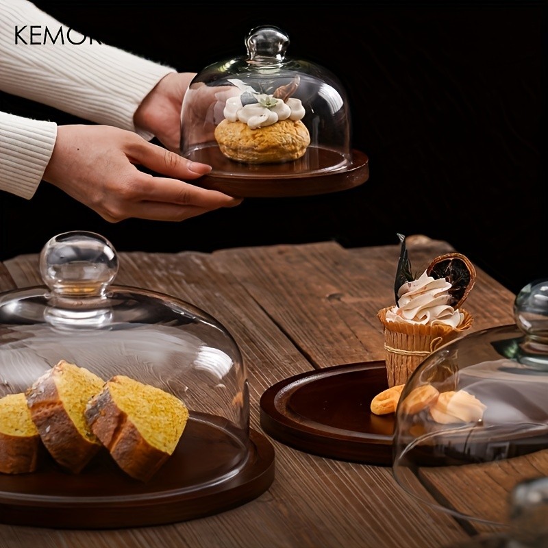 KEMORELA Wooden Round Dessert Plate with Glass Dome  Natural Wood Serving Tray for Cakes, Fruits & Snacks