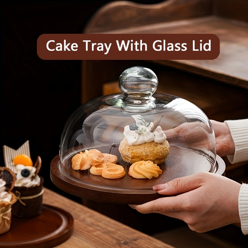 KEMORELA Wooden Round Dessert Plate with Glass Dome  Natural Wood Serving Tray for Cakes, Fruits & Snacks