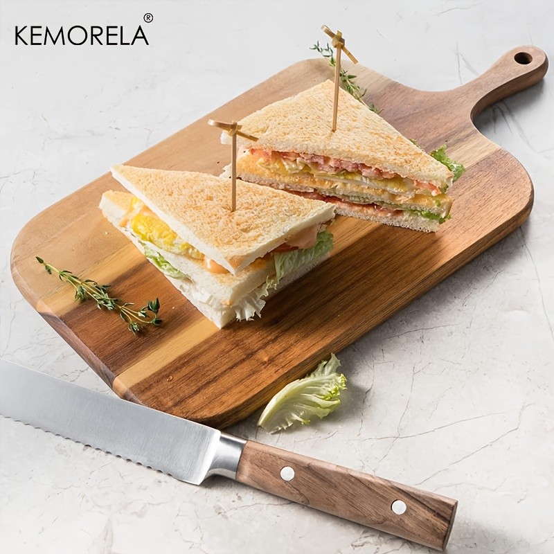 KEMORELA Acacia Wood Cutting Board with Handle  Extra Long Natural Grain Serving Board for Cheese, Charcuterie, Bread & Fruit