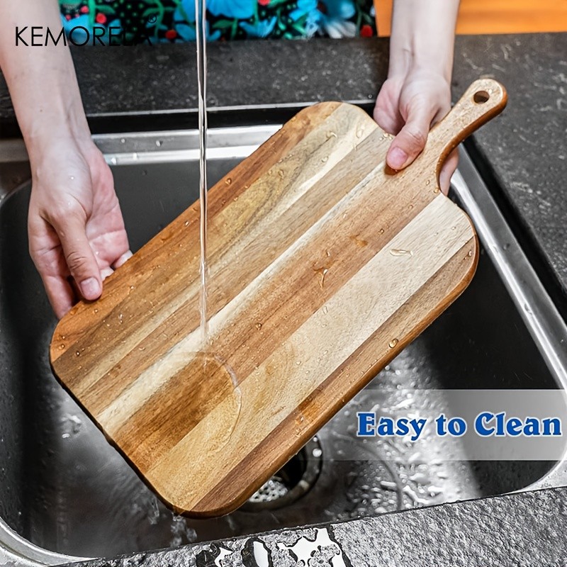 KEMORELA Acacia Wood Cutting Board with Handle  Extra Long Natural Grain Serving Board for Cheese, Charcuterie, Bread & Fruit