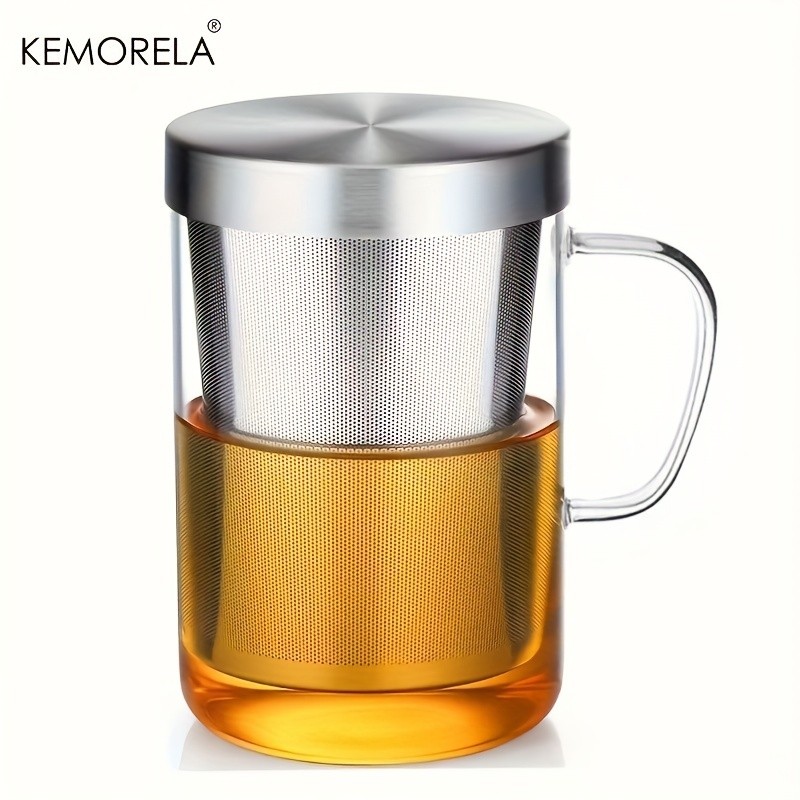 KEMORELA Heat-Resistant Borosilicate Glass Tea Mug (16.13oz) Stainless Steel Infuser & Lid for Loose Leaf Tea