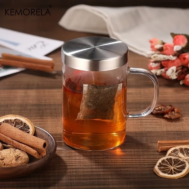KEMORELA Heat-Resistant Borosilicate Glass Tea Mug (16.13oz) Stainless Steel Infuser & Lid for Loose Leaf Tea