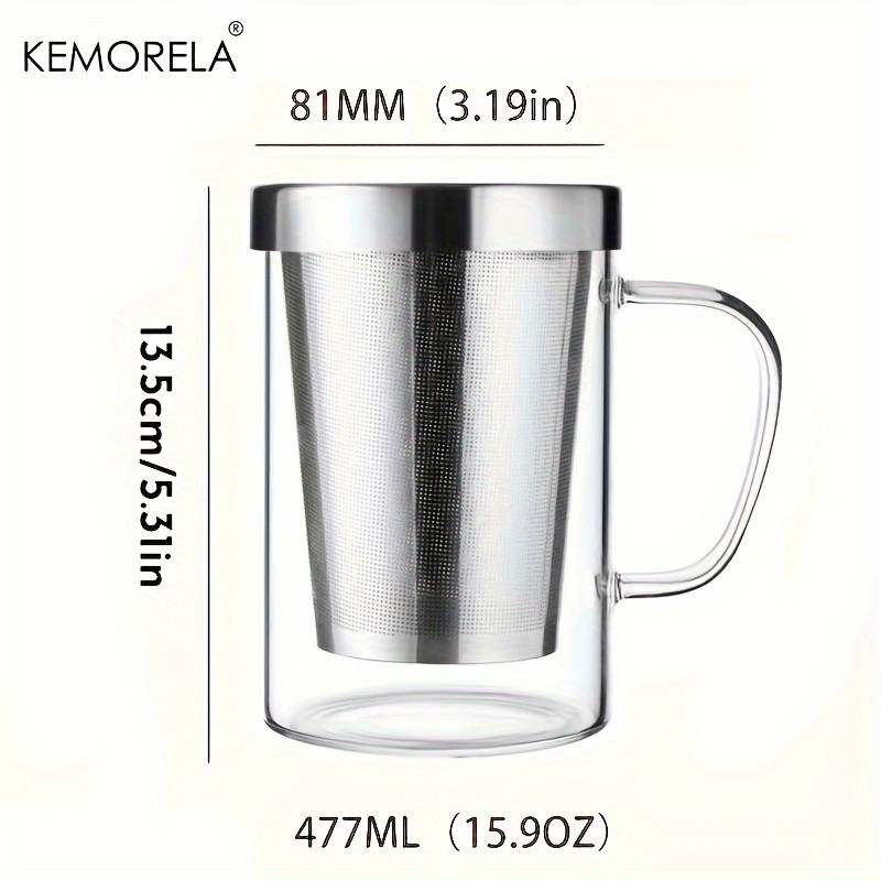 KEMORELA Heat-Resistant Borosilicate Glass Tea Mug (16.13oz)  Stainless Steel Infuser & Lid for Loose Leaf Tea