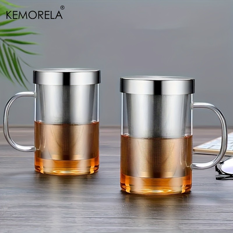 KEMORELA Heat-Resistant Borosilicate Glass Tea Mug (16.13oz) Stainless Steel Infuser & Lid for Loose Leaf Tea