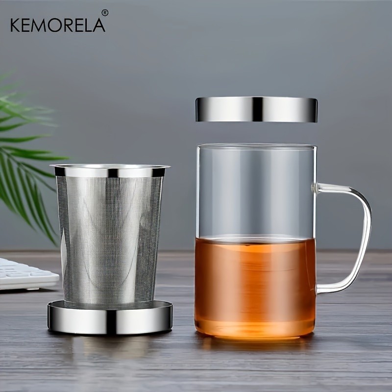 KEMORELA Heat-Resistant Borosilicate Glass Tea Mug (16.13oz) Stainless Steel Infuser & Lid for Loose Leaf Tea