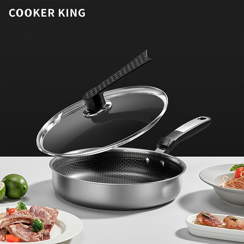 COOKER KING 10-inch Non-Stick Stainless Steel Frying Pan  Honeycomb Coating, Stand-Up Lid & Anti-Scald Handle for All NZ Cooktops