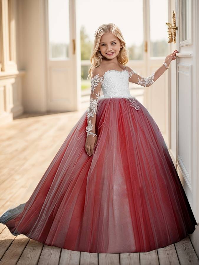 Cute Flower Girl Princess Dress  Long Sleeve Christmas Ball Gown (Front Length Measurement) Elegant Party Dress  Solid Color  Fall/Winter  For Girls 12 & Under