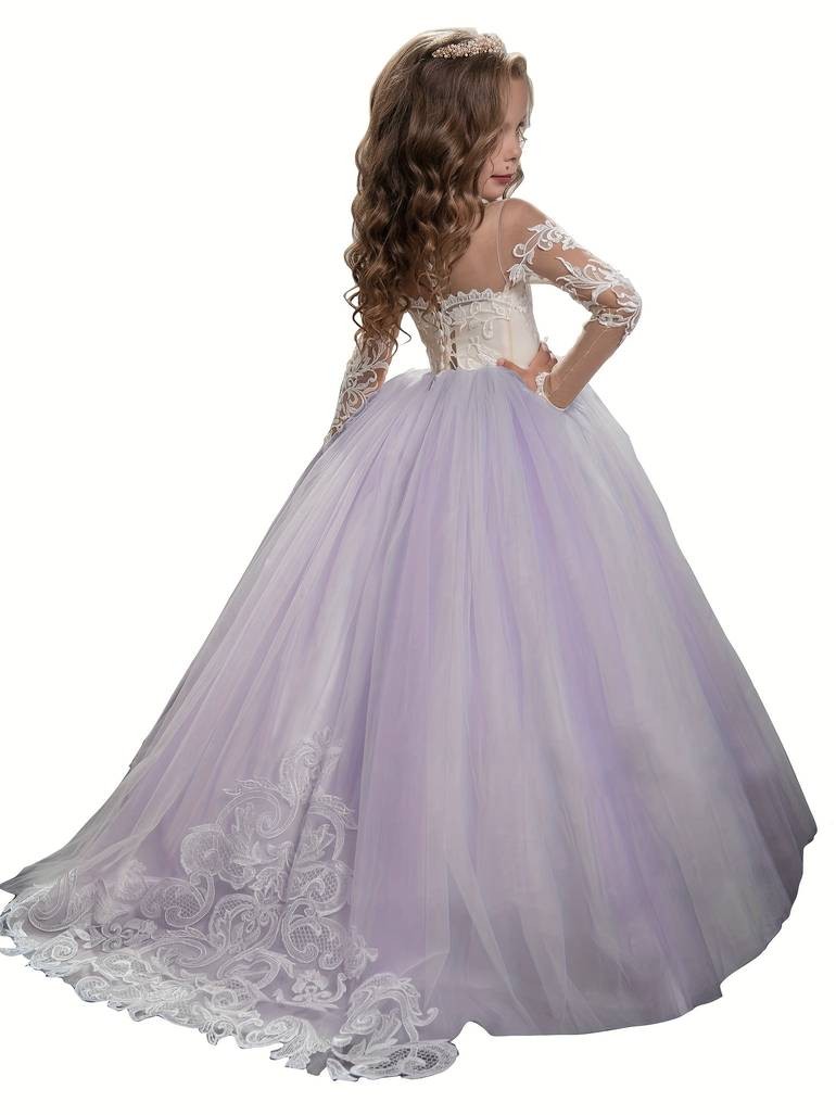 Cute Flower Girl Princess Dress  Long Sleeve Christmas Ball Gown (Front Length Measurement) Elegant Party Dress  Solid Color  Fall/Winter  For Girls 12 & Under