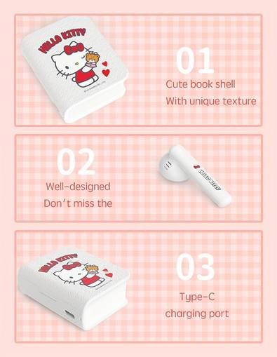 Sanrio Hello Kitty Wireless Earbuds Cute Kawaii Red & White Book-Style Earphones with Beaded Lanyard Wireless Touch Control Type-C Charging Perfect for Girls, Gaming, Sports & Travel Birthday/Christmas Gift