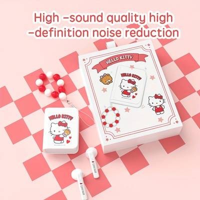 Sanrio Hello Kitty Wireless Earbuds Cute Kawaii Red & White Book-Style Earphones with Beaded Lanyard Wireless Touch Control Type-C Charging Perfect for Girls, Gaming, Sports & Travel Birthday/Christmas Gift