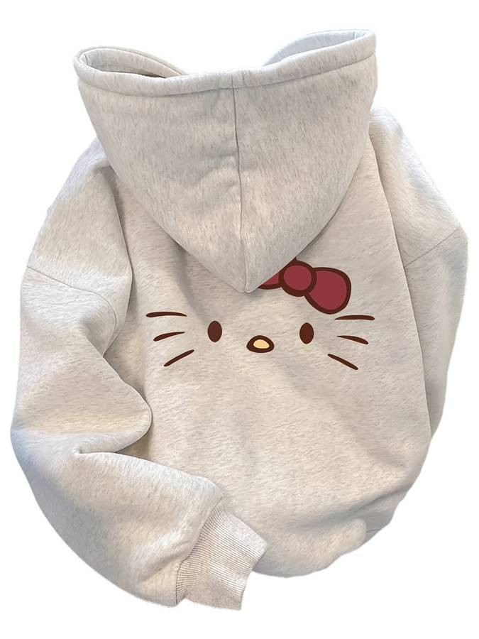 Sanrio American Vintage Hello Kitty Hooded Sweatshirt  Womens 2025 Cartoon Print Loose Hoodie Cozy Autumn/Winter Loungewear  Soft Knit Fabric  Retro Cute Style  Comfortable High-Street Fashion