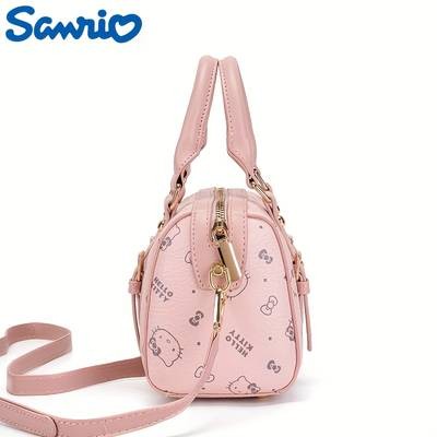 Sanrio Womens KiTi Crossbody Bag  Cute Anime Face & Hello Kitty-Inspired Print Lightweight PU Handbag  Detachable Strap  Zipper Closure  Pink Fashion Messenger Bag