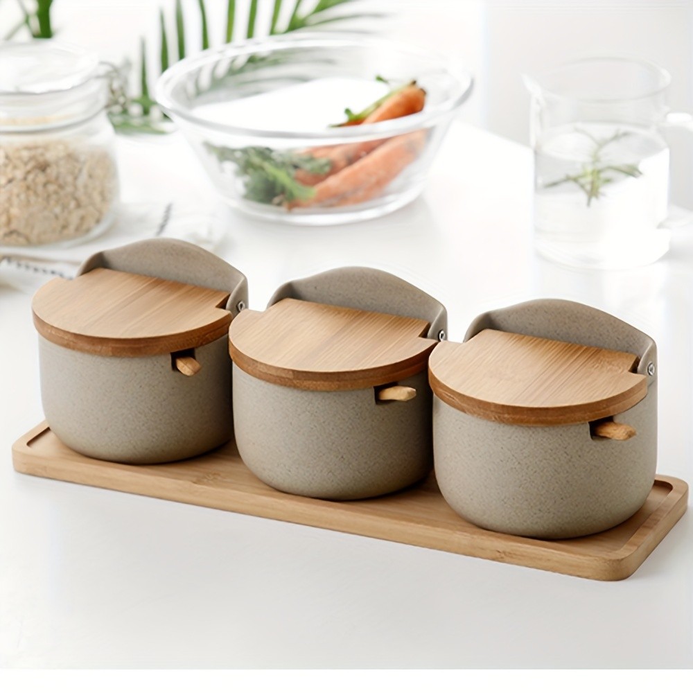 CEEFU Ceramic Seasoning Pot Set with Tray  2/3pcs Spice Containers with Lids & Spoons for Organized NZ Kitchens