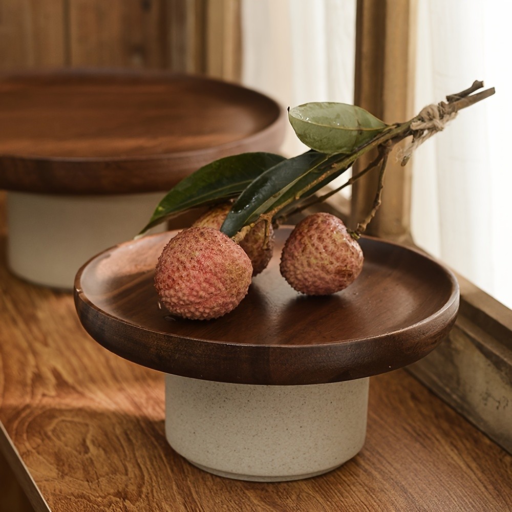CEEFU Dual-Layer Acacia Wood & Ceramic Snack Tray Stylish Food-Safe Stand for Cakes, Fruits & Party Serving