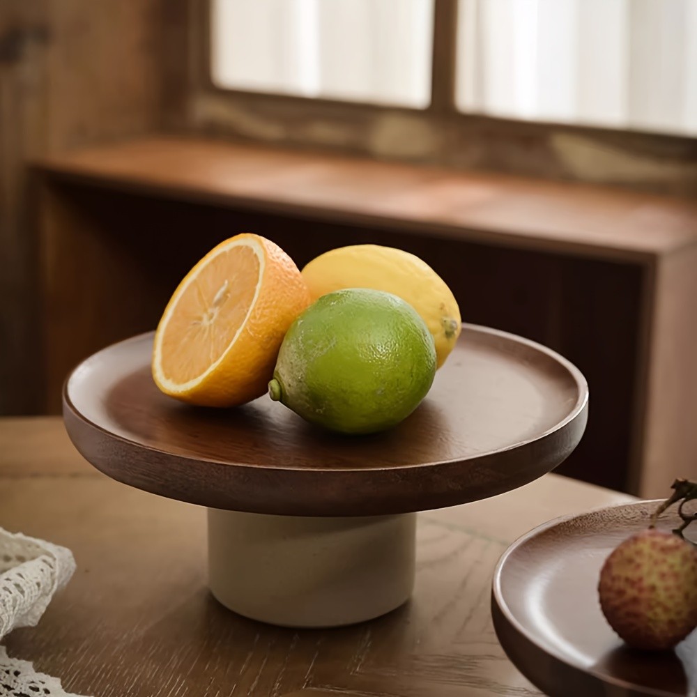 CEEFU Dual-Layer Acacia Wood & Ceramic Snack Tray Stylish Food-Safe Stand for Cakes, Fruits & Party Serving