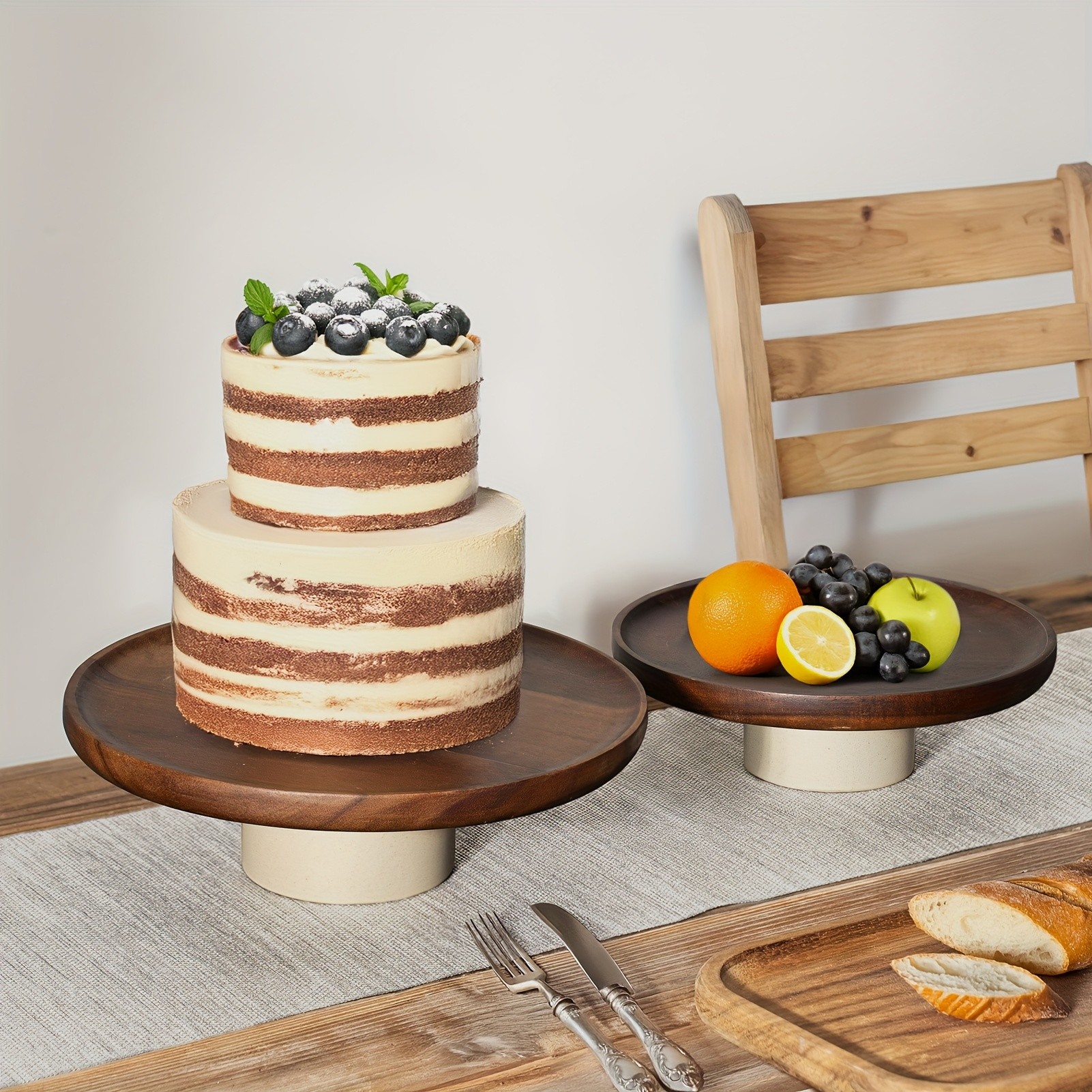 CEEFU Acacia Wood Cake Stand with Pottery Base  Elegant Food-Safe Display for Weddings, Parties & NZ Home Celebrations