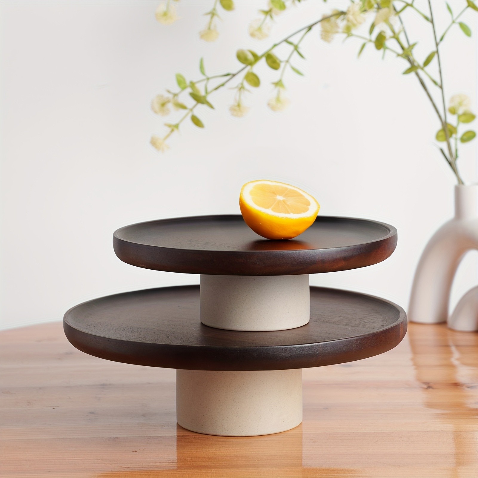 CEEFU Acacia Wood Cake Stand with Pottery Base  Elegant Food-Safe Display for Weddings, Parties & NZ Home Celebrations