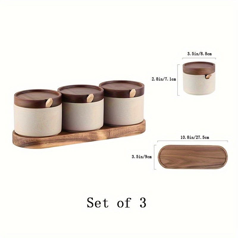 CEEFU Ceramic Spice Jar with Acacia Wood Tray  Elegant Porcelain Storage Pot with Lid & Spoon for Salt, Sugar, Coffee & Herbs