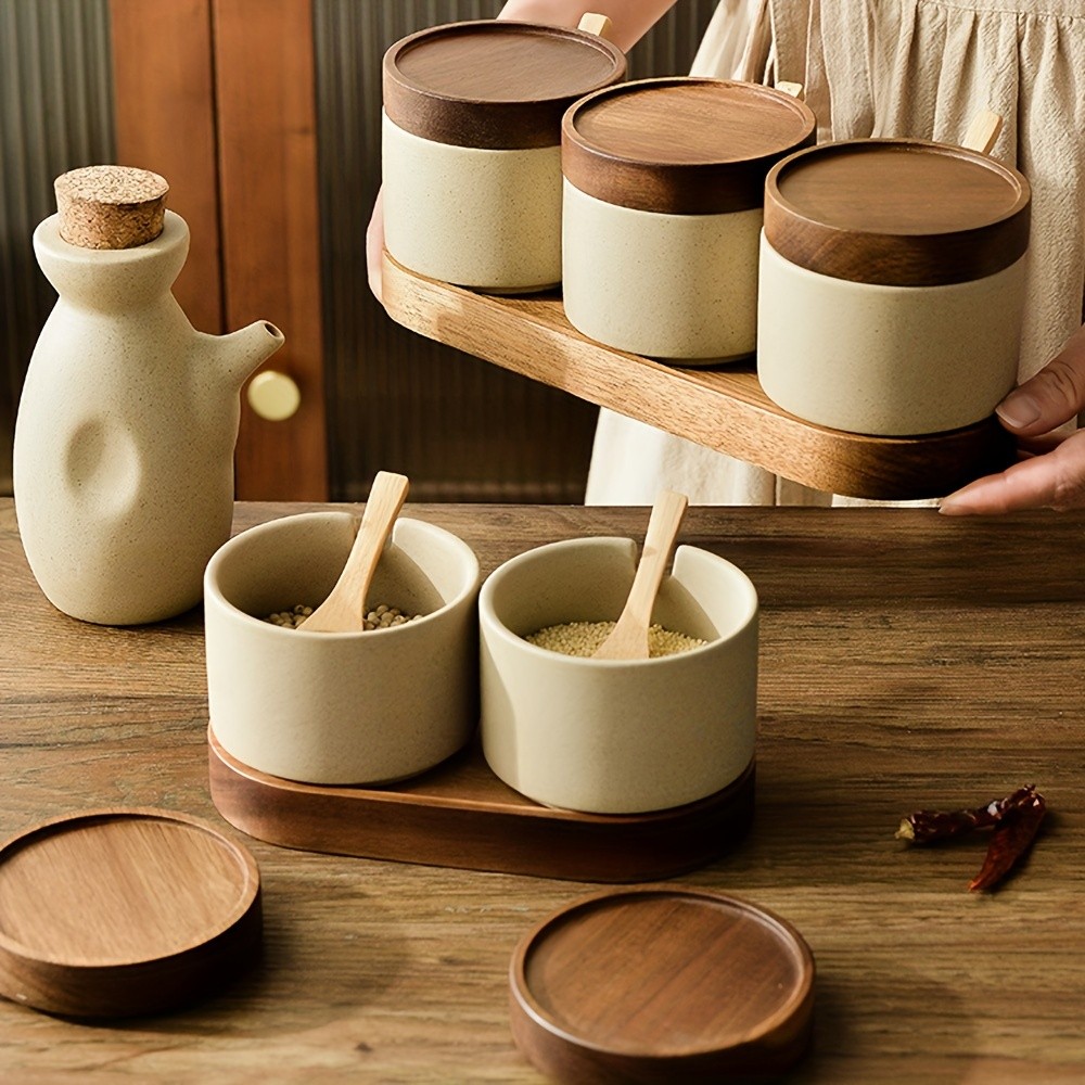 CEEFU Ceramic Spice Jar with Acacia Wood Tray  Elegant Porcelain Storage Pot with Lid & Spoon for Salt, Sugar, Coffee & Herbs