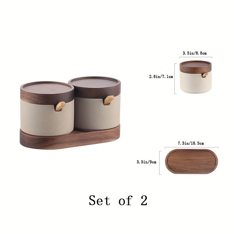 CEEFU Ceramic Spice Jar with Acacia Wood Tray  Elegant Porcelain Storage Pot with Lid & Spoon for Salt, Sugar, Coffee & Herbs