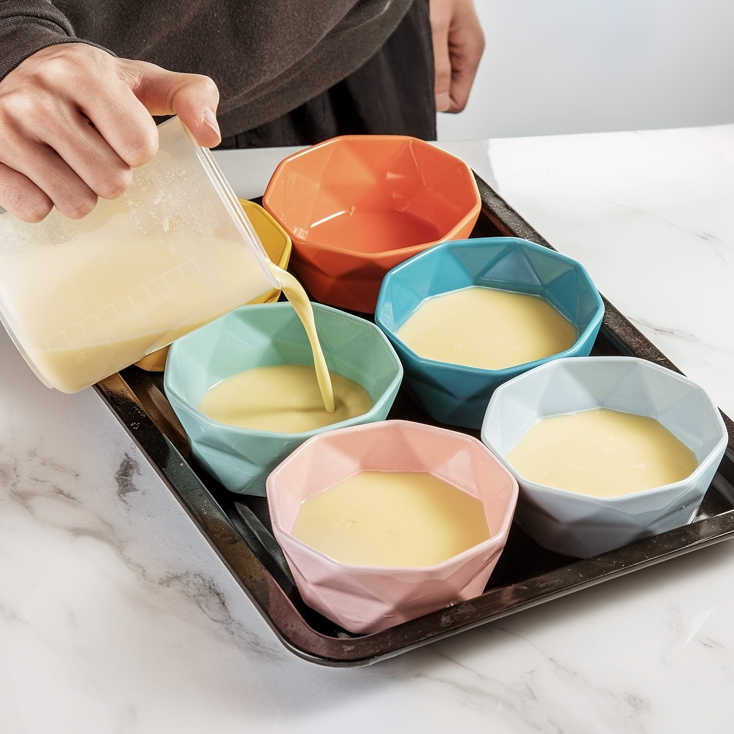 CEEFU 6pcs Colorful Geometric Ceramic Ramekins 8oz Oven-Safe Dessert Bowls for Creme Brulee, Souffl & Party Treats