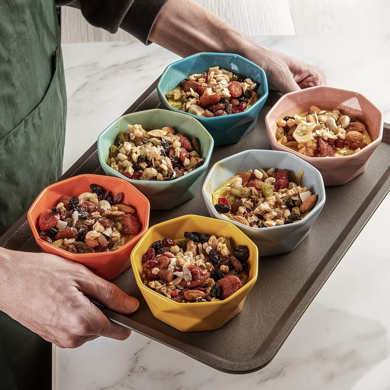 CEEFU 6pcs Colorful Geometric Ceramic Ramekins 8oz Oven-Safe Dessert Bowls for Creme Brulee, Souffl & Party Treats