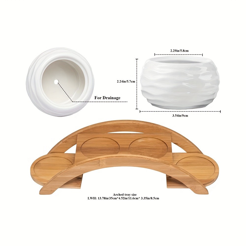 CEEFU 4-Pot Ceramic Succulent Planter Set with Stand  Modern White Ripple-Texture Pots with Drainage for Indoor & Outdoor Plants