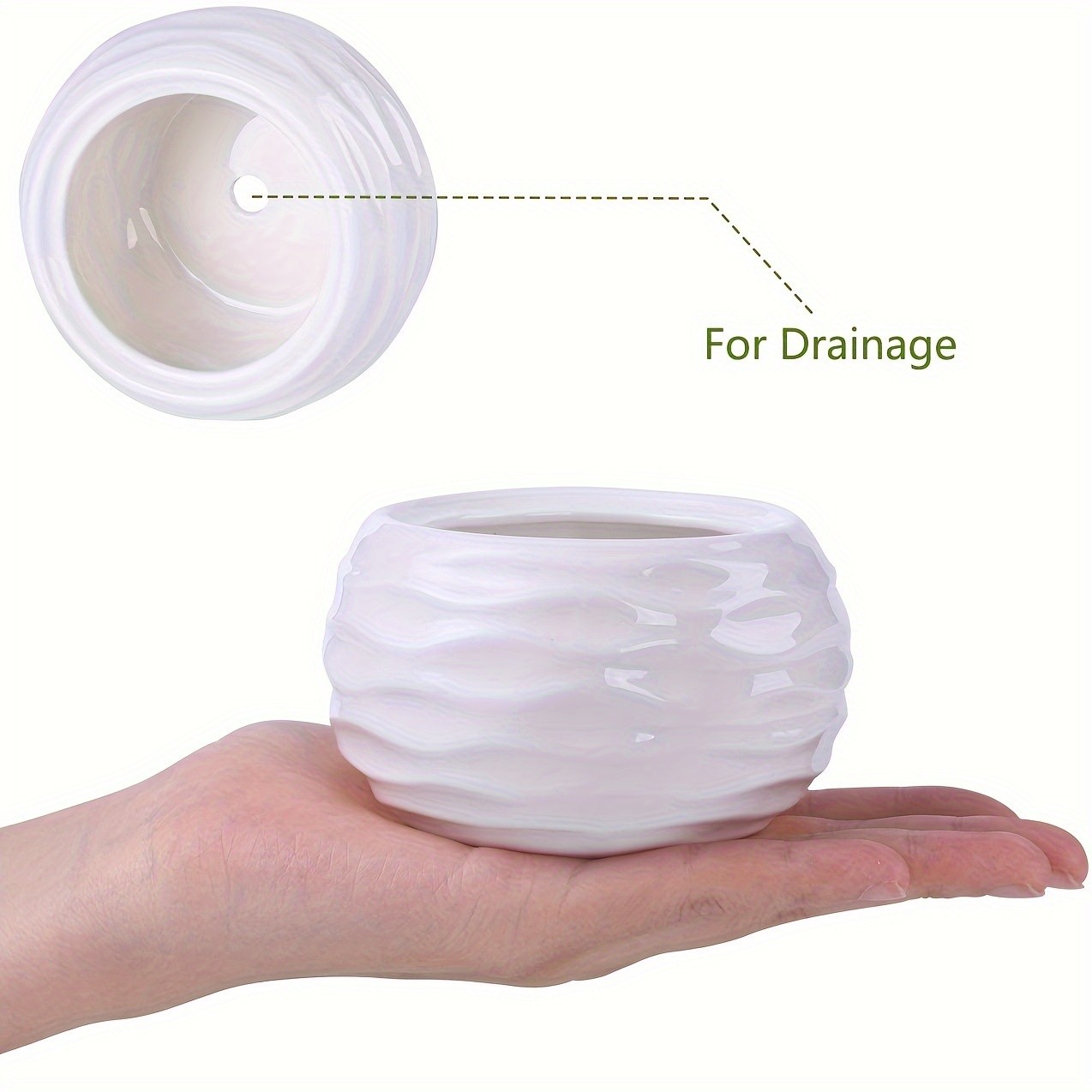 CEEFU 4-Pot Ceramic Succulent Planter Set with Stand  Modern White Ripple-Texture Pots with Drainage for Indoor & Outdoor Plants