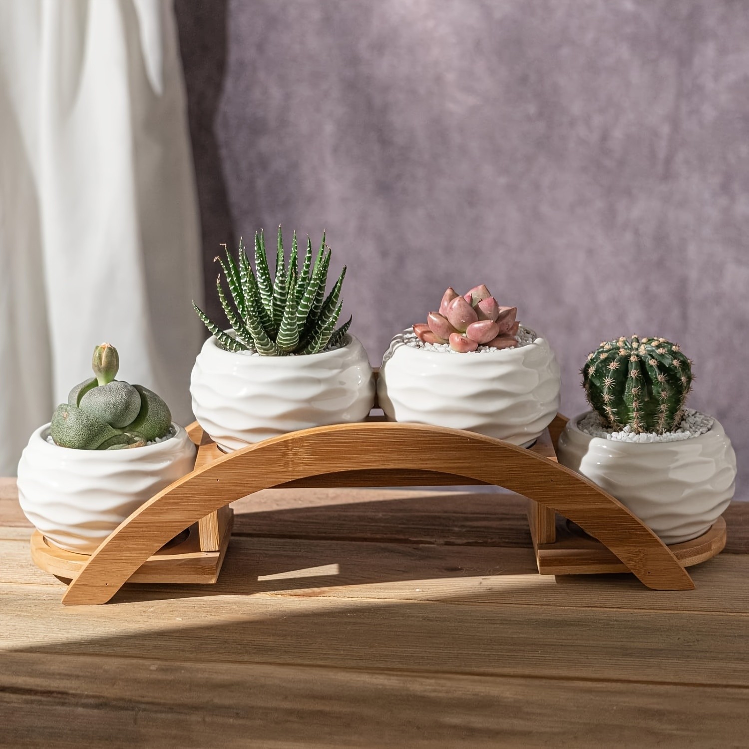 CEEFU 4-Pot Ceramic Succulent Planter Set with Stand  Modern White Ripple-Texture Pots with Drainage for Indoor & Outdoor Plants