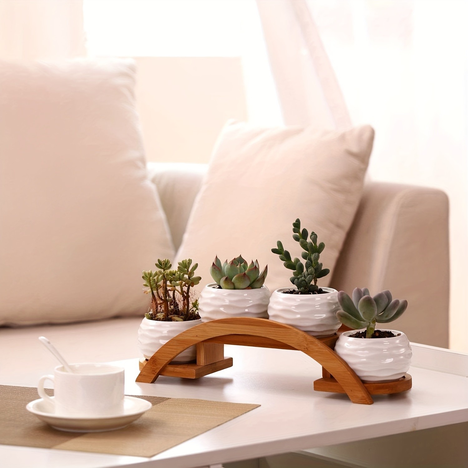 CEEFU 4-Pot Ceramic Succulent Planter Set with Stand  Modern White Ripple-Texture Pots with Drainage for Indoor & Outdoor Plants